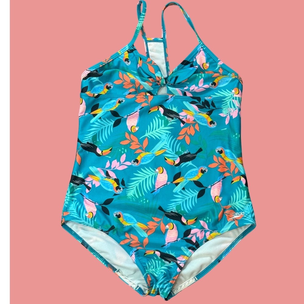 Speedo Girls XL One Piece Swimsuit Tropical Toucan Parrot Teal Keyhole Racerback